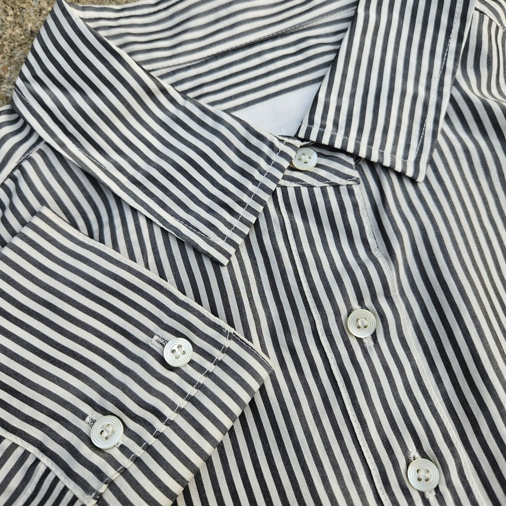 100% SILK J.Crew Shirt Sz 6 Grey White Striped Button Up Long Sleeve Blouse Top